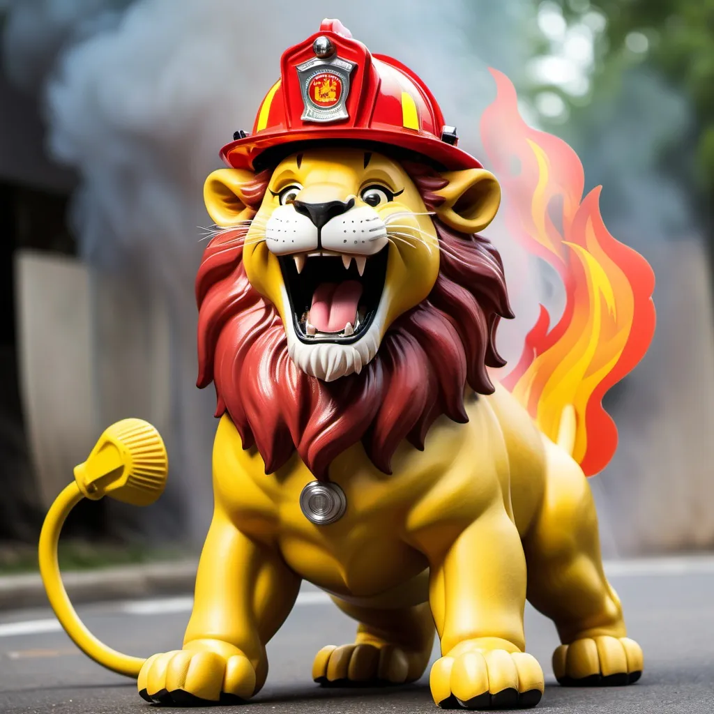 Prompt: fire fighting lion in a happy mood
