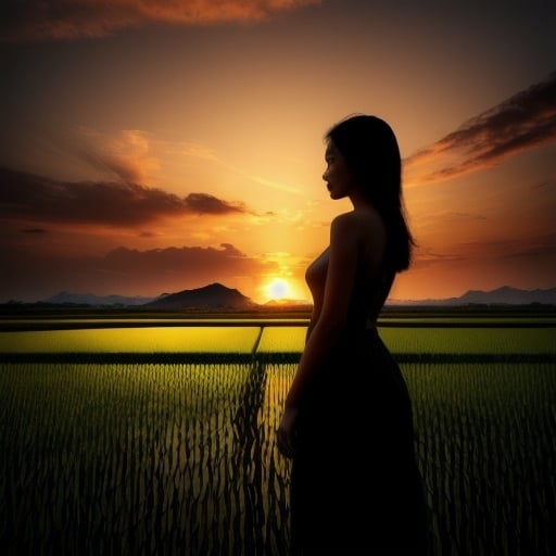 Prompt: photorealistic, model, side pose, silhoutte, sunset, rice field