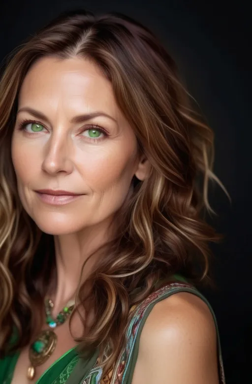 Prompt: an adult woman in her mid forties tall and statuesque with a lean physique, peaches and cream complexion with natural luminous skin, shoulder-length brown hair with reddish balayage highlights flowing in soft waves, with hazel/green eyes wearing bohemian spiritual clothing - flowing earth-toned fabrics, layered jewelry with crystals and sacred symbols, soft natural makeup with glowing skin, serene confident expression