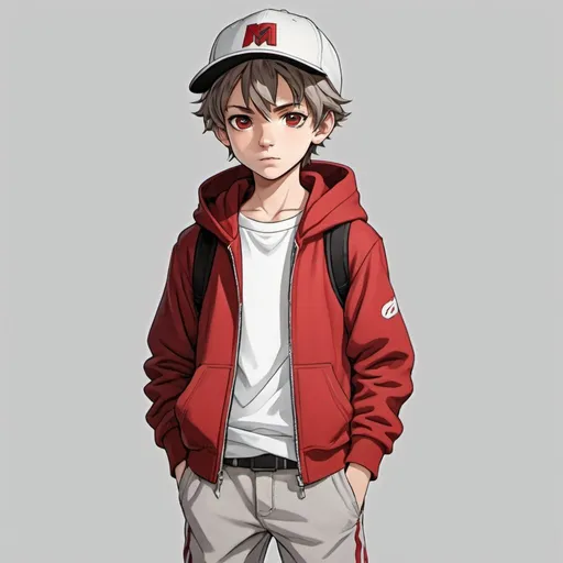 Prompt: A eleven year old boy with short bronde hair, marron eyes, black cap, red hoodie, light grey pants with a belt, white sneakers, 2017 photo, anime style 