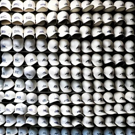Prompt: hundreds of baseball caps, all white, haning on a store wall.