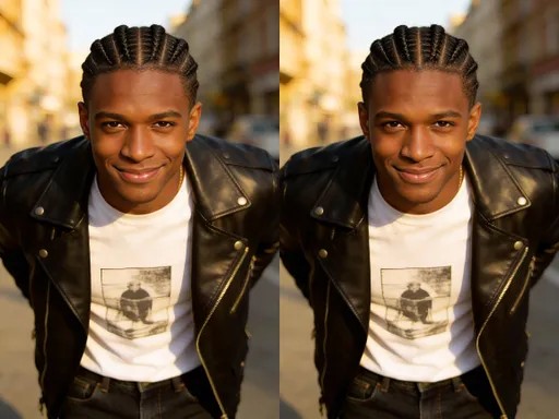 Prompt: Confident young black man, professional photography style, cornrows, and dressed in some cool clothes