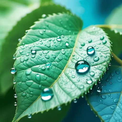 Prompt: Background light green blue about water splash drop on leaf