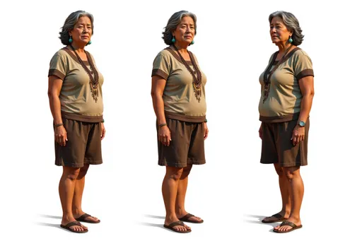Prompt: A full-body character sheet of photorealistic older woman f89cbfb0 with gray hair, tan top with brown trim, layered necklaces, brown skirt, turquoise earrings displayed in three clear views on a clean white background, arranged in a three-column grid pattern with equal spacing and importance. Left panel: front view showing complete anatomical details and outfit. Center panel: perfect 90-degree side view (profile) clearly showing the character's side silhouette, facial profile, and outfit from a direct lateral perspective. Right panel: back view revealing posterior details Each view maintains consistent scale, lighting, and full-body presentation from head to toe. All three perspectives must be equally detailed and given equal prominence in the composition.