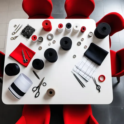 Prompt: a tailor's table from the top view with less with with black, white and  little red in the background
