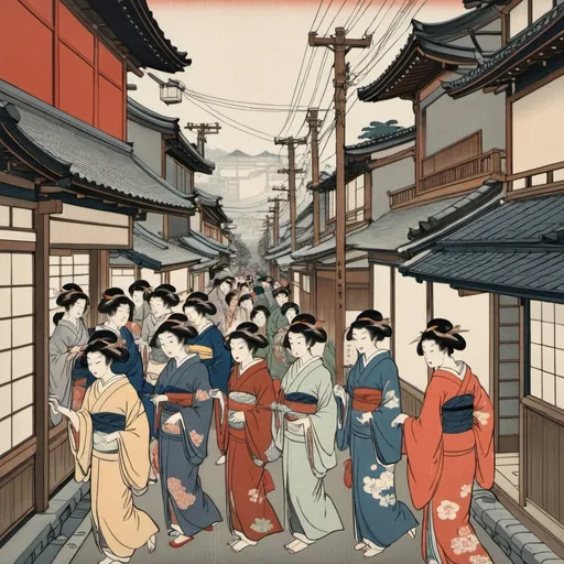 Prompt: Ukiyo-e japanese art of women along a busy street