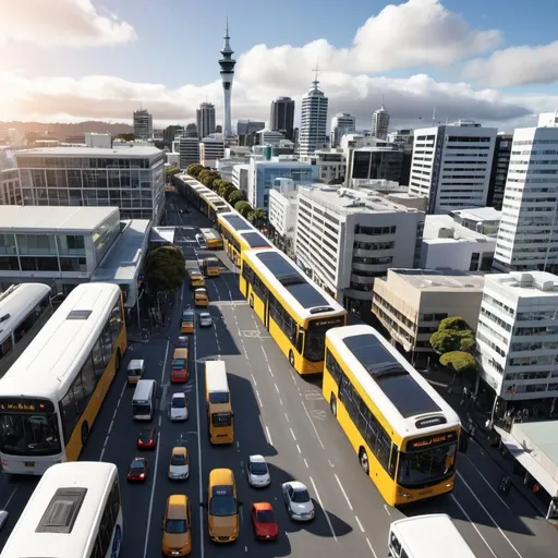 Prompt: Create a City in Auckland with the sky tower where a lot of people are going onto public buses and public transport.