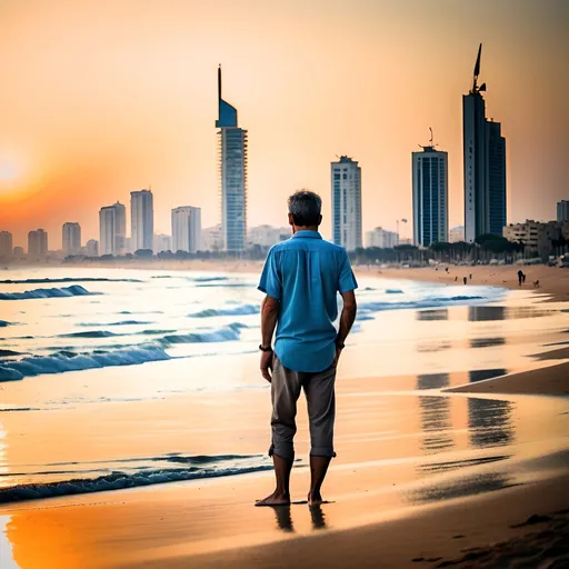 Prompt: "A photograph of a man  seound 35 years standing on the beach in Tel Aviv, taken from a long distance. He gazes out at the cityscape, its from back or side and far away so cant see his face. The background features the Tel Aviv beachfront and city skyline during golden hour, creating a warm and vibrant atmosphere. The man, dressed casually, blends into the scene, offering a sense of anonymity while capturing a personal moment."