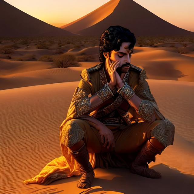 Prompt:  prince thinking in desert on rising sun