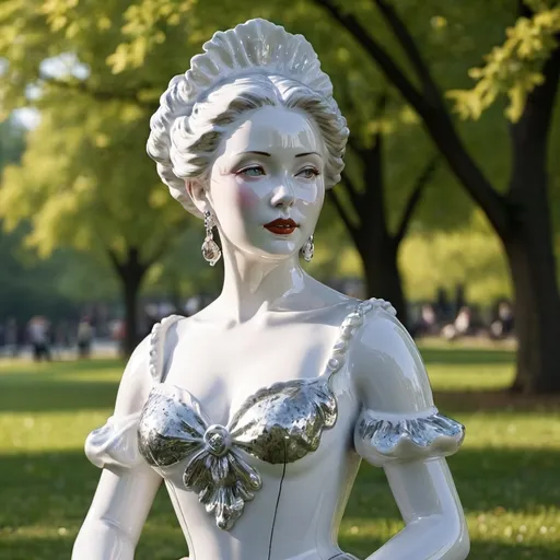 Prompt: Shiny porcelain lady in a park