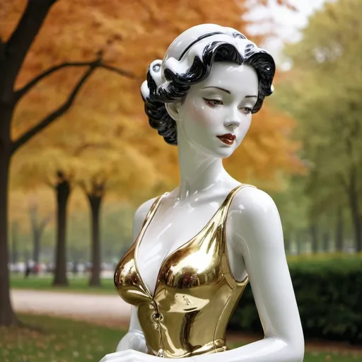 Prompt: Shiny porcelain lady in a park