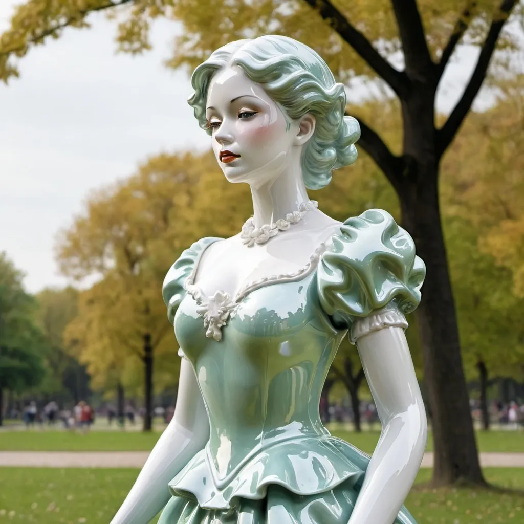 Prompt: Shiny porcelain lady in a park