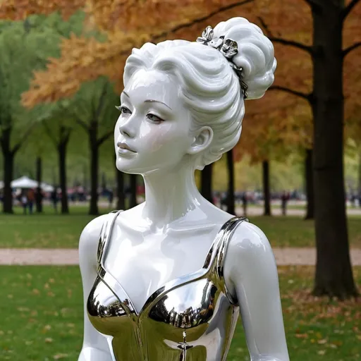 Prompt: Shiny porcelain lady in a park