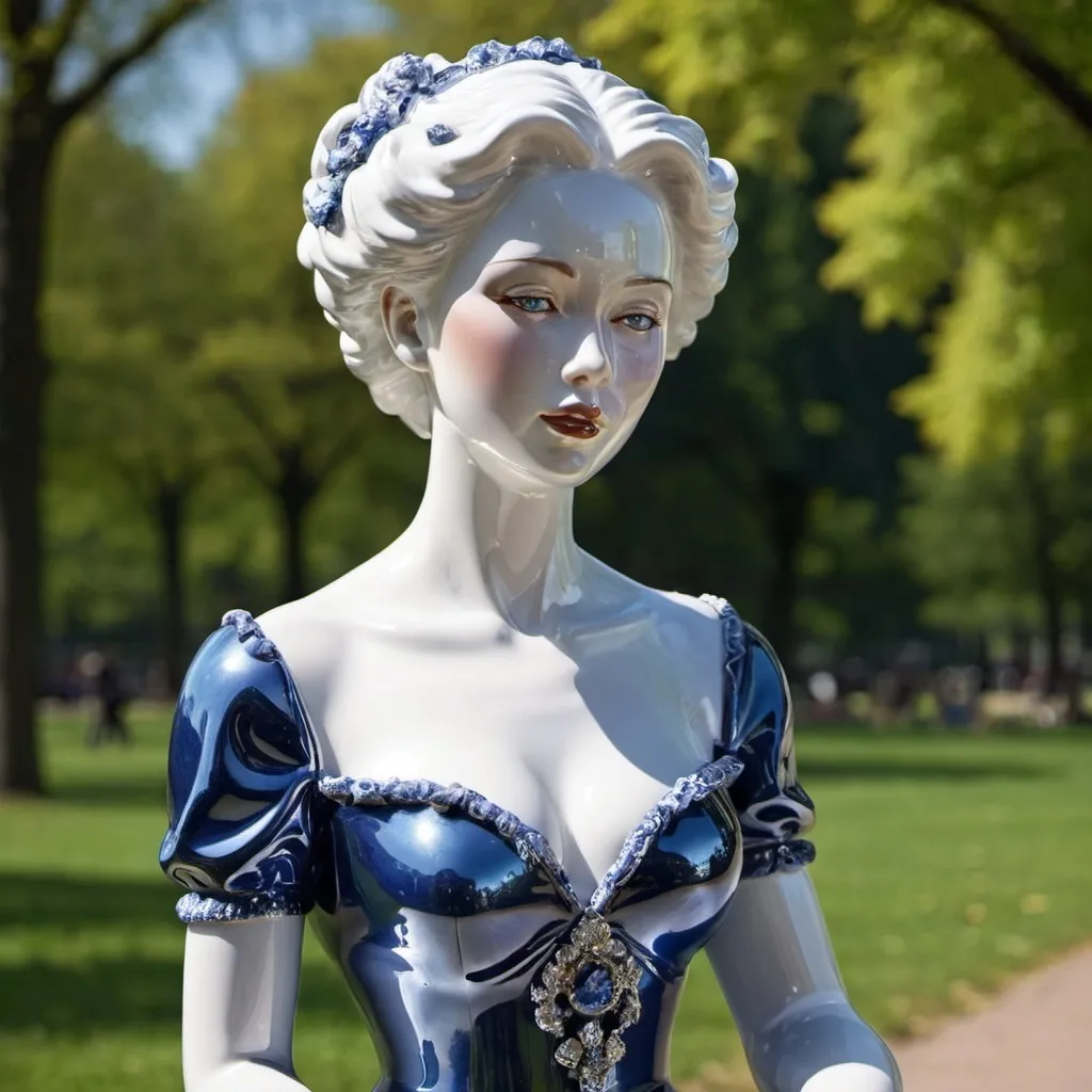 Prompt: Shiny porcelain lady in a park