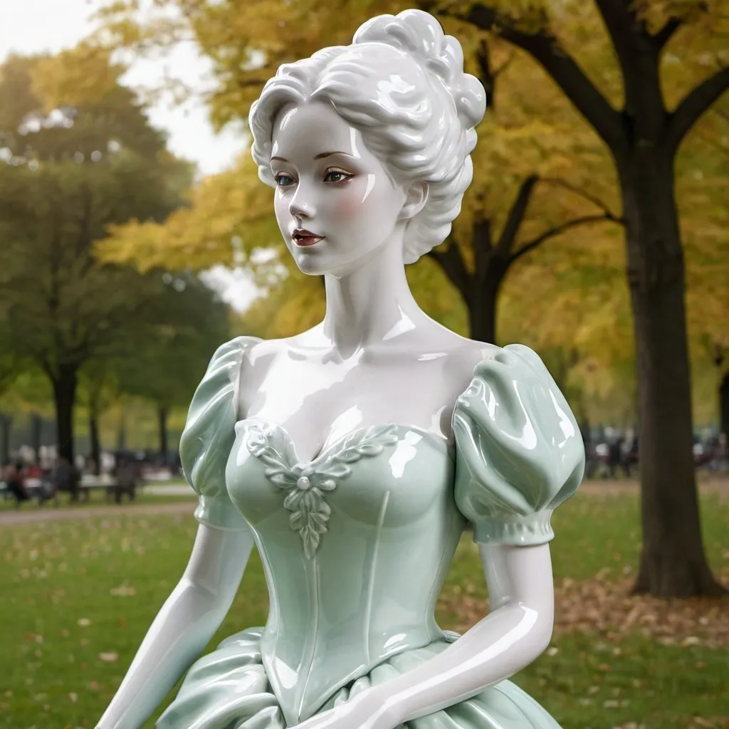 Prompt: Shiny porcelain lady in a park