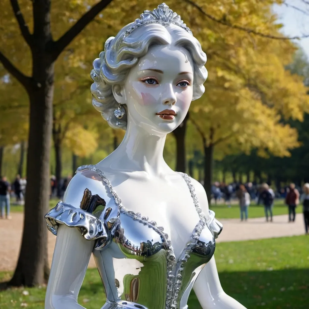 Prompt: Shiny porcelain lady in a park