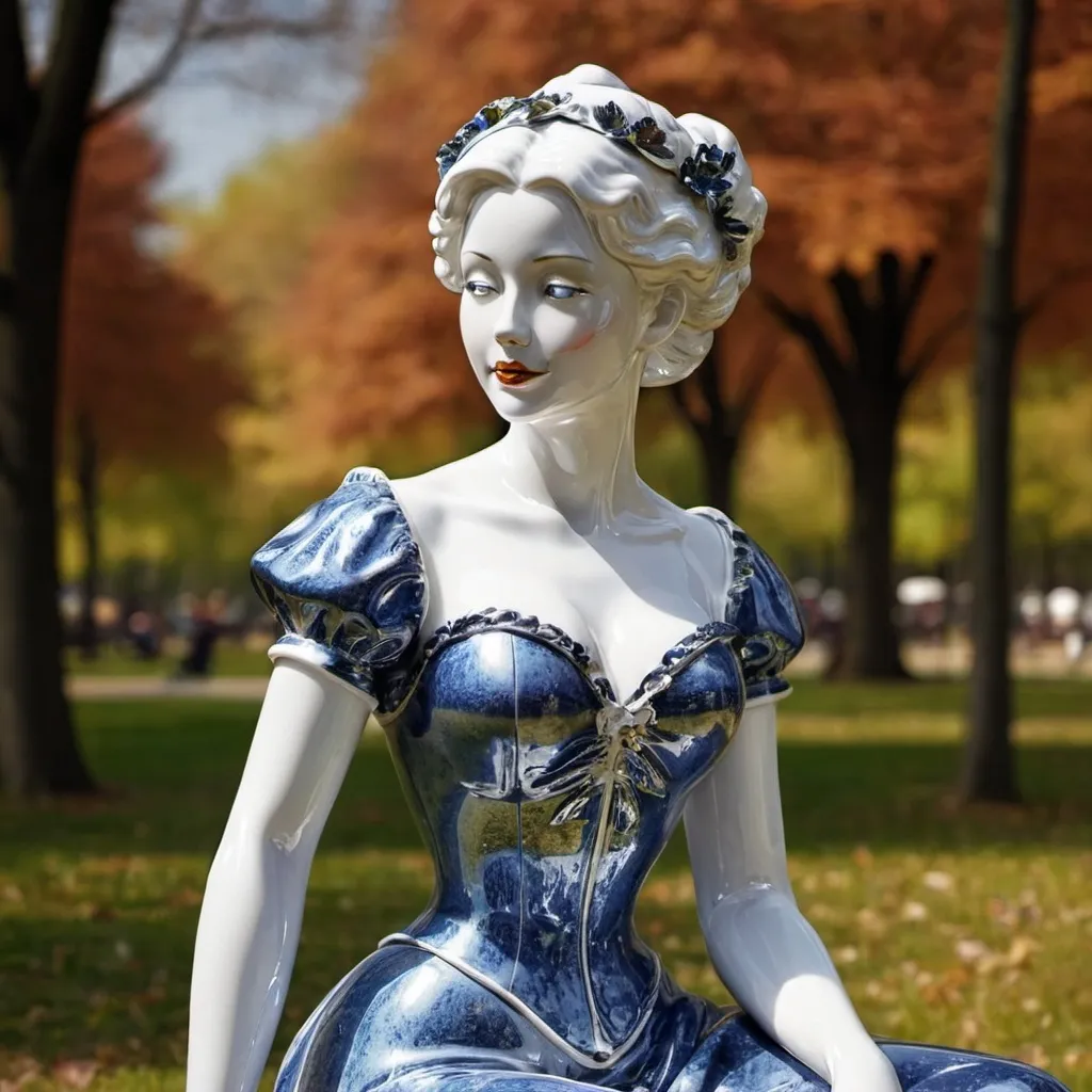 Prompt: Shiny porcelain lady in a park