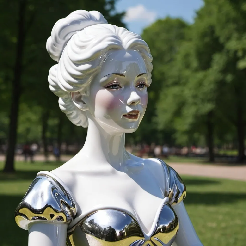 Prompt: Shiny porcelain lady in a park