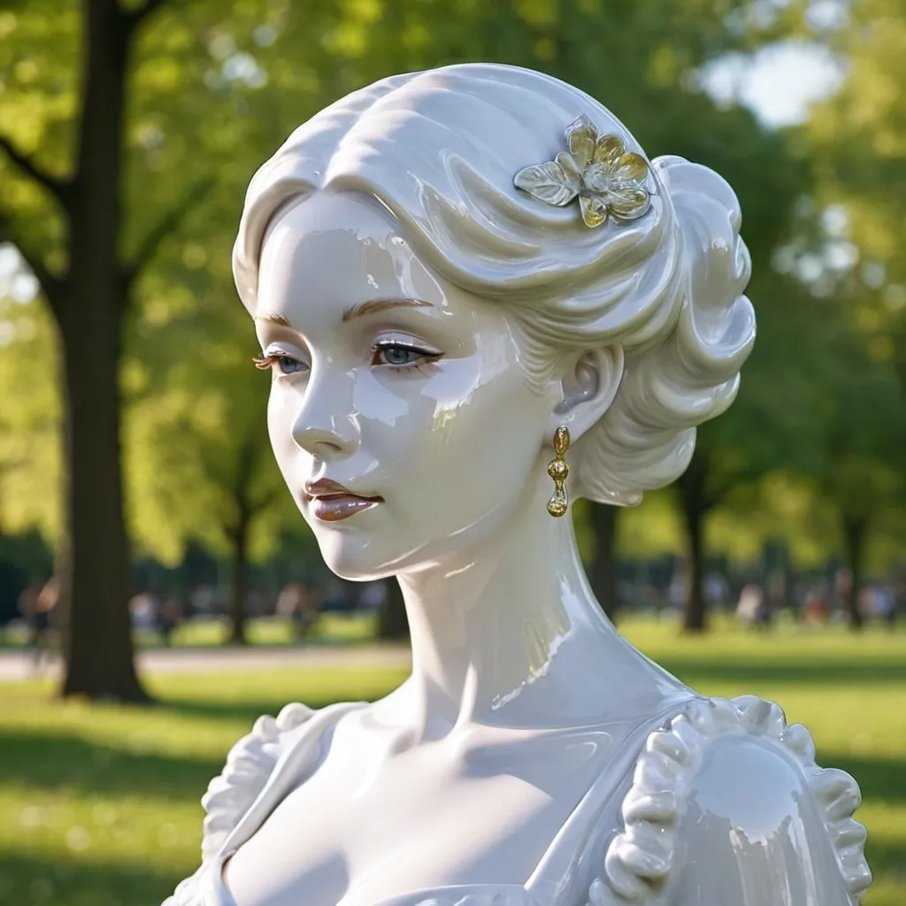 Prompt: Shiny porcelain lady in a park