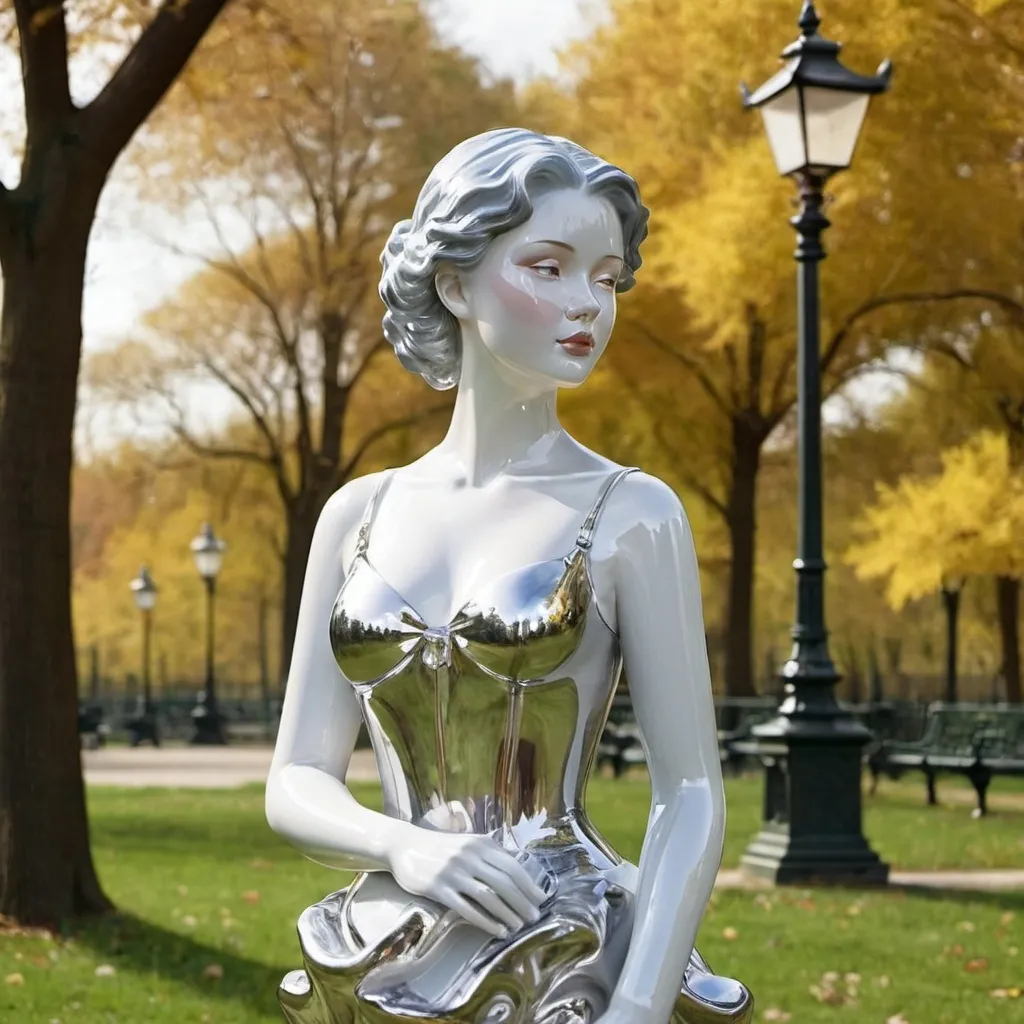 Prompt: Shiny porcelain lady in a park