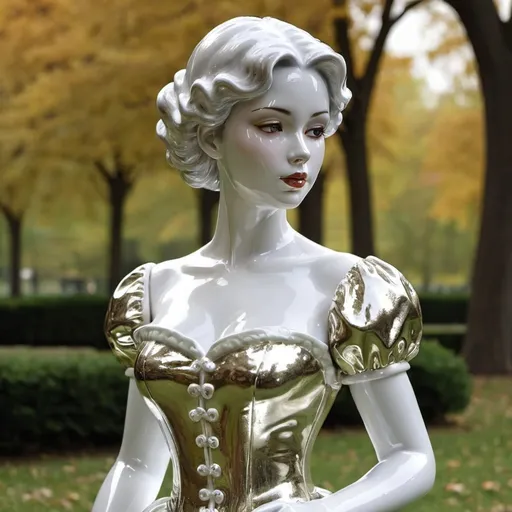 Prompt: Shiny porcelain lady in a park