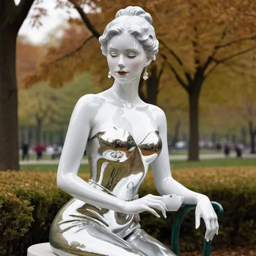 Prompt: Shiny porcelain lady in a park