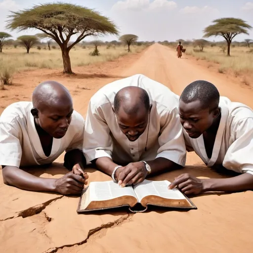 Prompt: 3 men of African origins scrambling for a bible ,a magnificent photo of a  supernatural being in front of them ,this images shows how Africans have turned region into busines