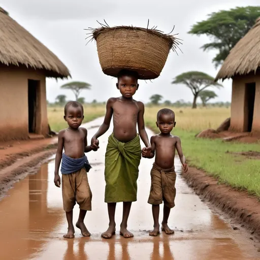 Prompt: Two African kids holding their hands, looking straight at the gate, their mum is coming in the distance, and two grass-thatched mud houses are behind them, it's evening and it's almost raining, the wind sways trees side by side. Their mother is carrying a basket on her head while holding a small boy, one side of her sleeve is hanging ..