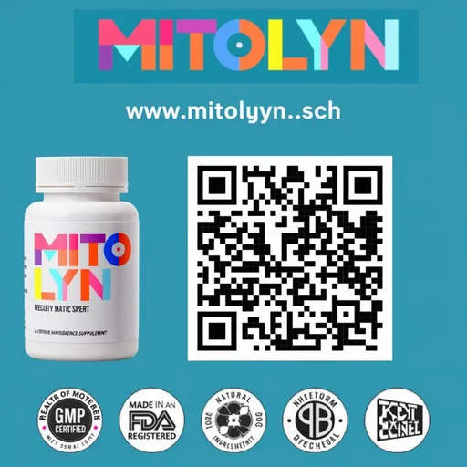 Prompt: A sleek white bottle labeled "MITOLYN" stands prominently against a vibrant turquoise background, emphasizing its purpose as a weight loss support supplement. The label showcases colorful, modern typography that catches the eye, while the bottle is accompanied by a bold QR code for easy access to more information. Below the bottle, various certification logos emphasize its qualities: GMP certified, made in an FDA registered facility, and composed of 100% natural ingredients, all highlighting its credibility and safety. The overall design projects a fresh, contemporary aesthetic aimed at health-conscious consumers.