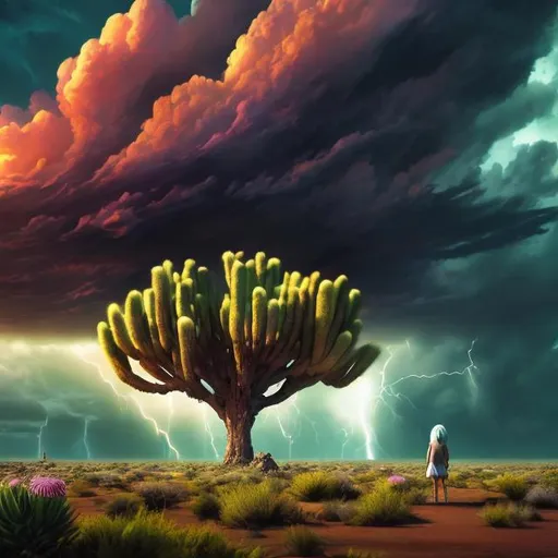 Prompt: Lonely child in vast desert, colorful flowers, towering green tree in distance, stormy skies, high quality, detailed, realistic, desert landscape, solitary figure, vibrant flowers, massive tree, stormy clouds, dramatic lighting, atmospheric, isolated, powerful nature, vastness, intense emotions