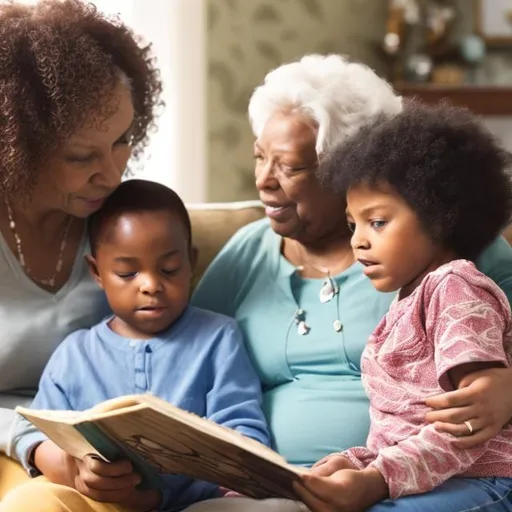 Prompt: african american grandmother passing down stories to her two grandchildren at home
