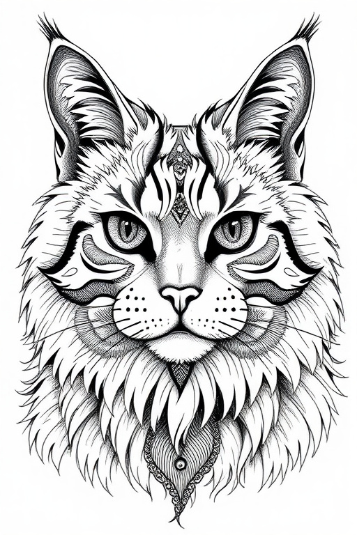 Prompt: Zentangle face of a Maine Coon cat's Head and shoulders, black and white, intricate patterns, adult coloring book style, high quality, detailed lines, professional, artistic, intricate, animal, monochrome, balanced shading, zentangle art, fine details, expressive eyes, majestic mane, captivating, intricate patterns, intense, meditative