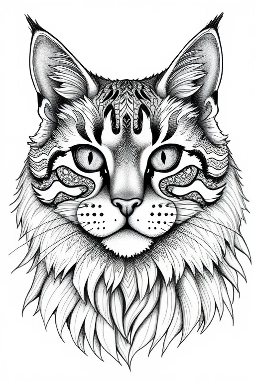 Prompt: Zentangle face of a Maine Coon cat's Head and shoulders, black and white, intricate patterns, adult coloring book style, high quality, detailed lines, professional, artistic, intricate, animal, monochrome, balanced shading, zentangle art, fine details, expressive eyes, majestic mane, captivating, intricate patterns, intense, meditative