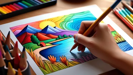 Prompt: someone immersed in activity of coloring, showcasing vibrant coloring tools, warm and ambient lighting, cozy atmosphere, intricate drawing of landscape partially colored, hands delicately holding colored pencils, capturing a sense of tranquility and creativity, dynamic image, high detail, 4K quality.