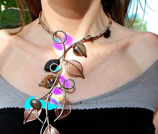 Prompt: Create a piece of wire jewelry that’s a choker but also extends down with different designs of leaves & stones. 