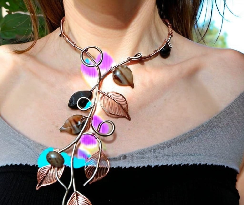 Prompt: Create a piece of wire jewelry that’s a choker but also extends down with different designs of leaves & stones. 