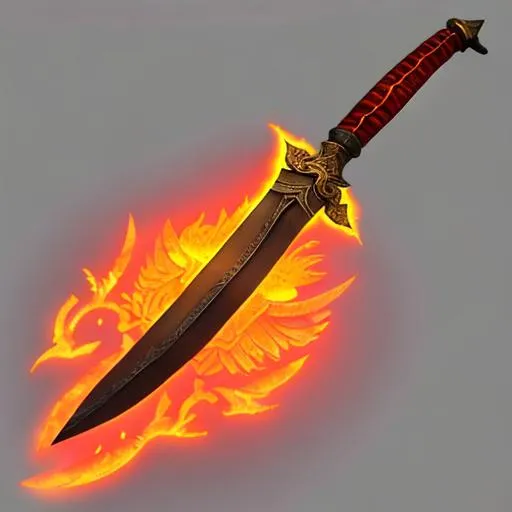 Prompt: Generate an image of a glowing, fire covered dagger. Style is oil painting. The blade should be longer than the handle. The design should be simple. Simple hilt