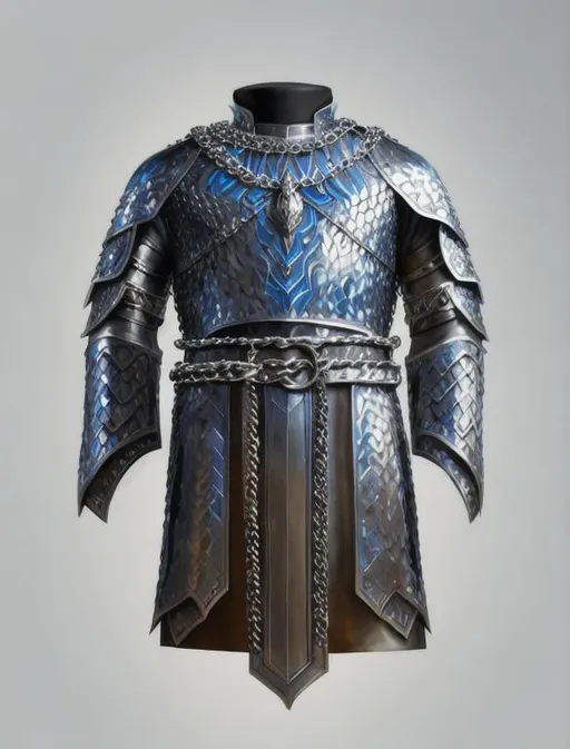 Prompt: digital art of silver blue full-body chainmail, oil painting, chainmail, perfect composition, long sleeves, fantasy artwork, high quality, sharp focus, intricate details, mannequin 