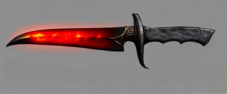 Prompt: Generate an image of a glowing, hot dagger. Style is oil painting. The blade should be longer than the handle. The design should be simple. smooth Simple hilt, gray background
