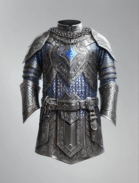 Prompt: digital art of silver blue full chainmail, oil painting, chainmail, perfect composition, long sleeves, fantasy artwork, high quality, sharp focus, intricate details, mannequin 