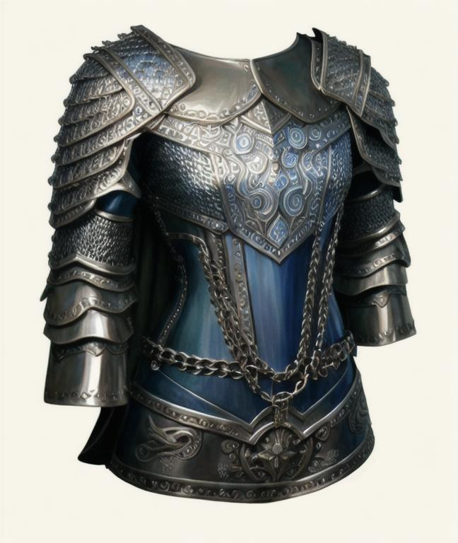 Prompt: digital art of silver blue full-body chainmail, oil painting, chainmail, perfect composition, long sleeves, fantasy artwork, high quality, sharp focus, intricate details, mannequin 