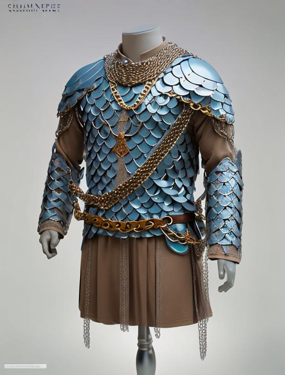 Prompt: digital art of simple light blue full- body chainmail, long sleeves, fantasy artwork, oil painting, chain sleeves, perfect composition, clean composition, high quality, sharp focus, intricate details, mannequin 