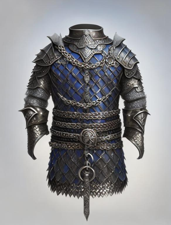 Prompt: digital art of  silver metal full-body chainmail, tint of blue, one piece, single piece, oil painting, chainmail, perfect composition, long sleeves, fantasy artwork, high quality, sharp focus, intricate details, 