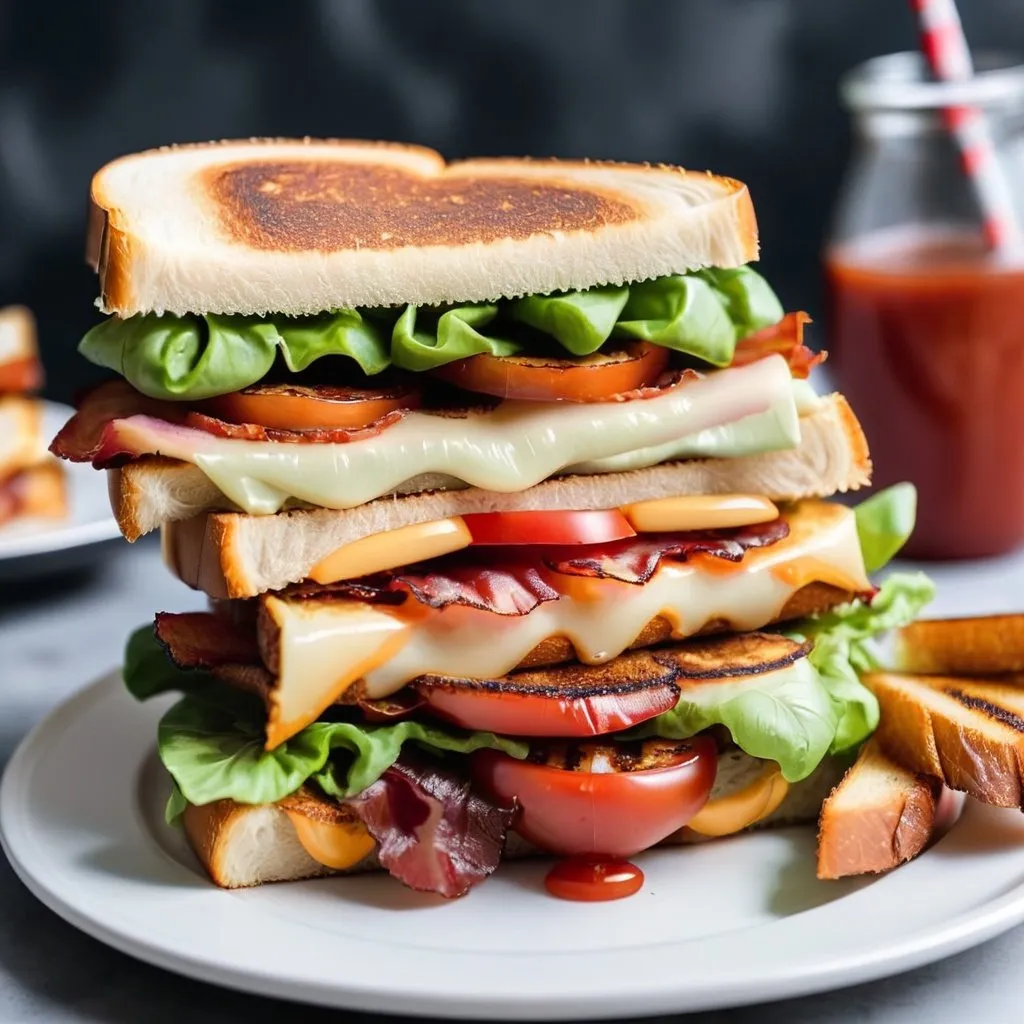 Prompt: BLT sandwich with grilled cheese as the buns, sitting on a white plate