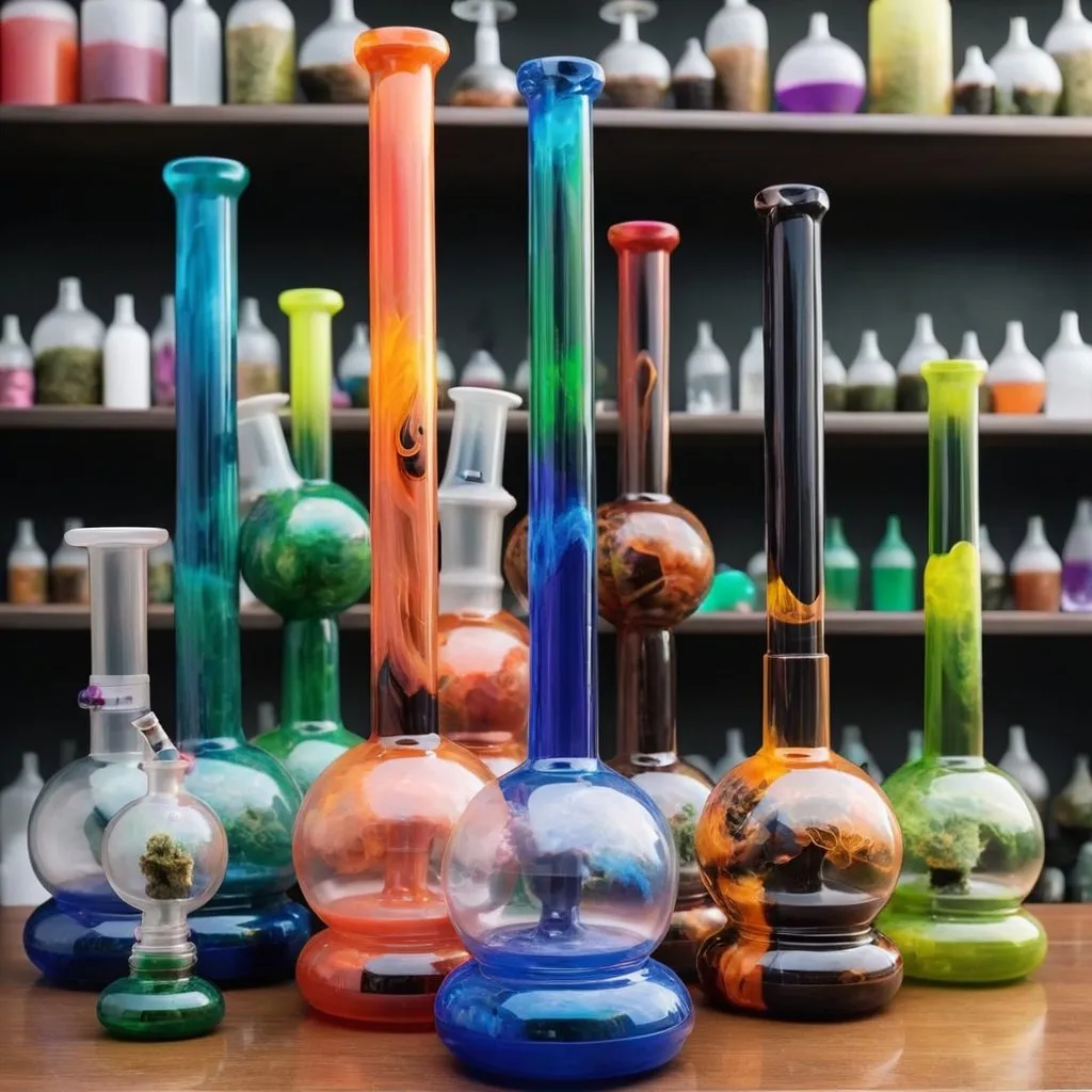 Prompt: A bunch of crazy looking bongs for smoking marijuana