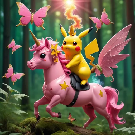 Prompt: Pikachu smoking weed riding a pink unicorn in the forest with the sun shining in the middle of the day with butterflies flying around