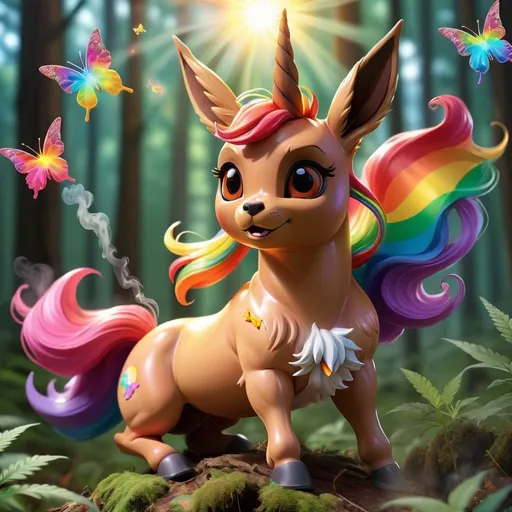 Prompt: Eevee smoking marijuana riding a rainbow colored unicorn in the forest with the sun shining in the middle of the day with butterflies flying around