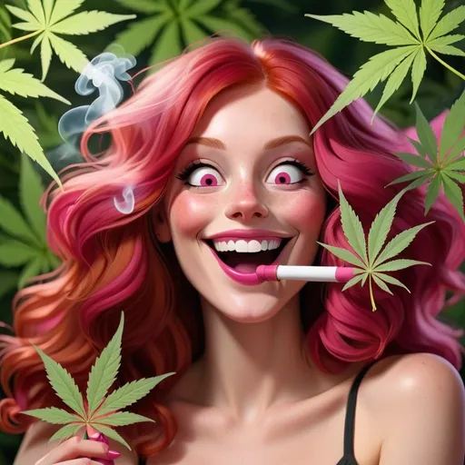 Prompt: redhead woman with red eyes smoking marijuana out of a pink pipe, with a big smile on her face, back ground full of realistic marijuana leaves.