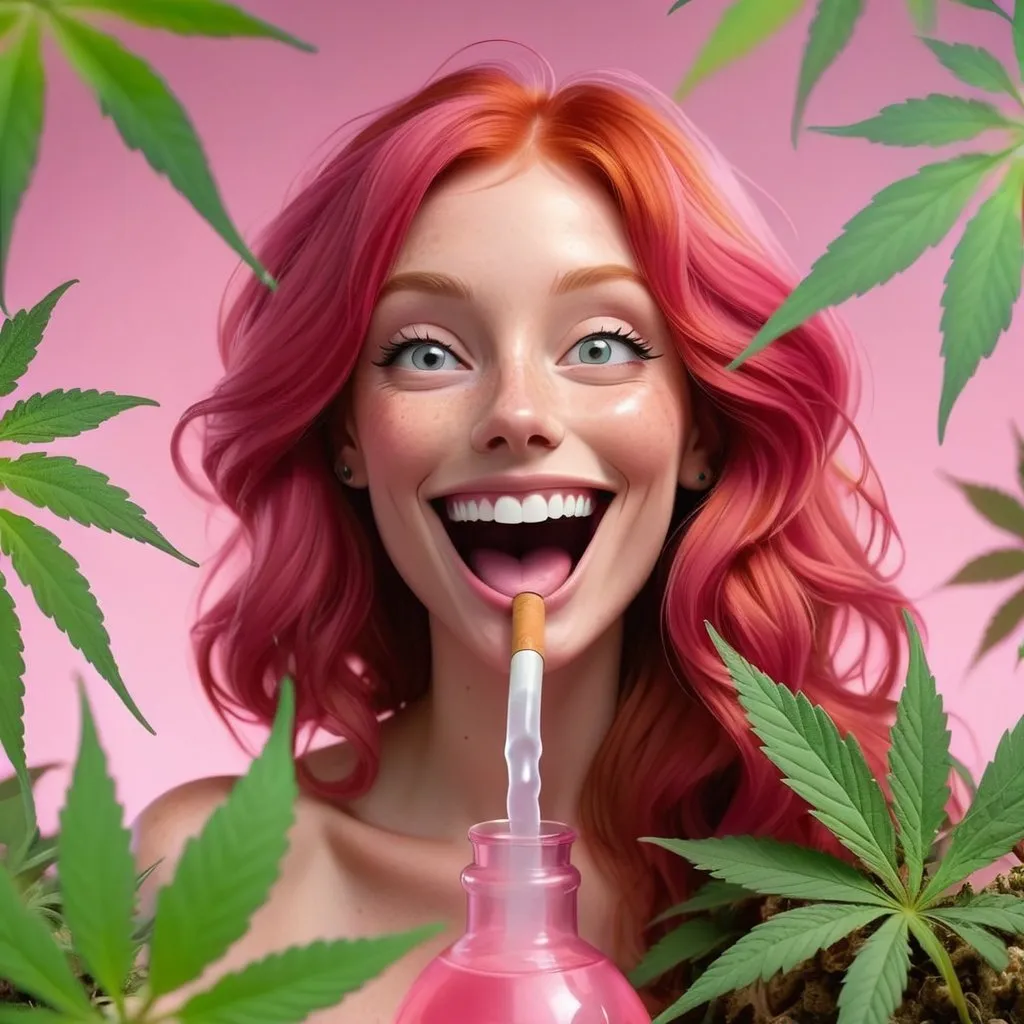 Prompt: redhead woman with 3 eyes smoking marijuana out of a pink water bong, with a big smile on her face, back ground full of realistic marijuana leaves.