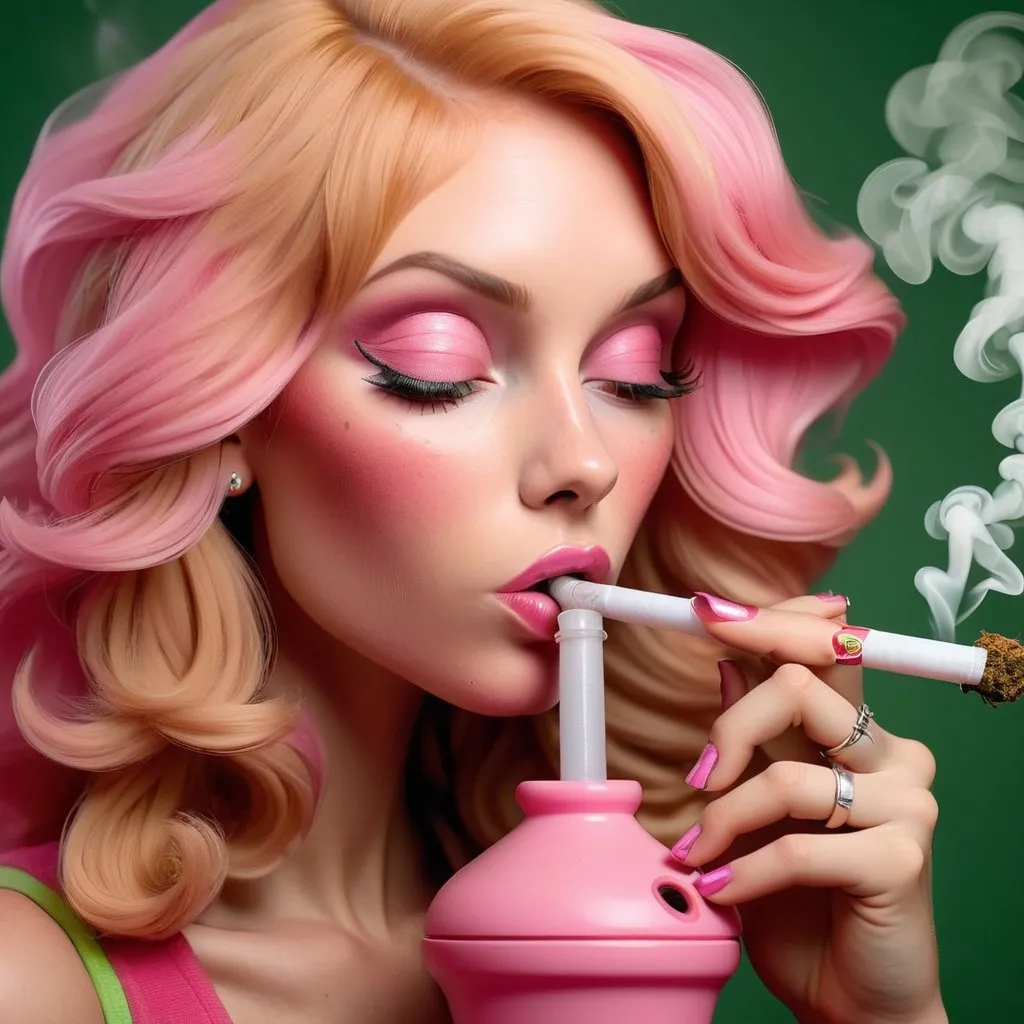Prompt: strawberry blond woman  smoking marijuana out of a pink bong